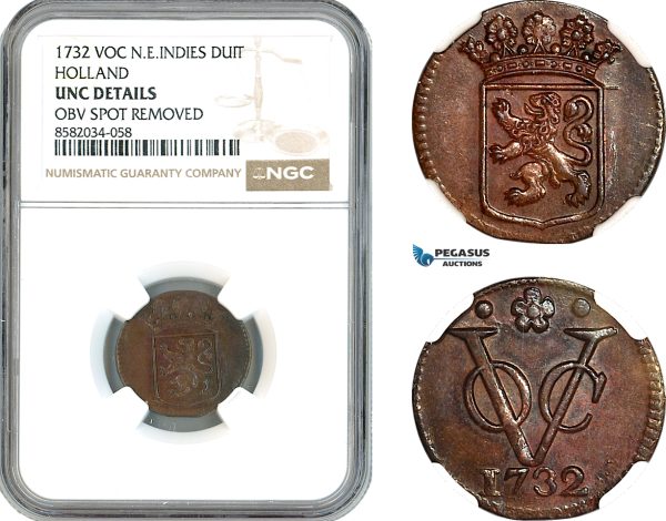 AL168, Netherlands East Indies, VOC, 1 Duit 1732, Holland Arms, NGC UNC Details