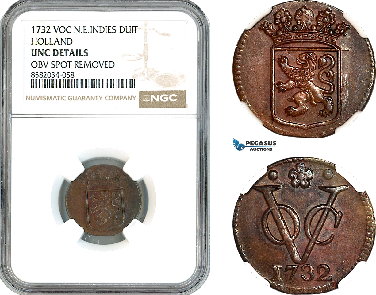 AL168, Netherlands East Indies, VOC, 1 Duit 1732, Holland Arms, NGC UNC Details