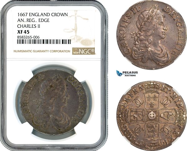 AL017, England, Charles II, Crown 1667, London Mint, Silver, AN..REG.. Edge, NGC XF45, Top Pop!