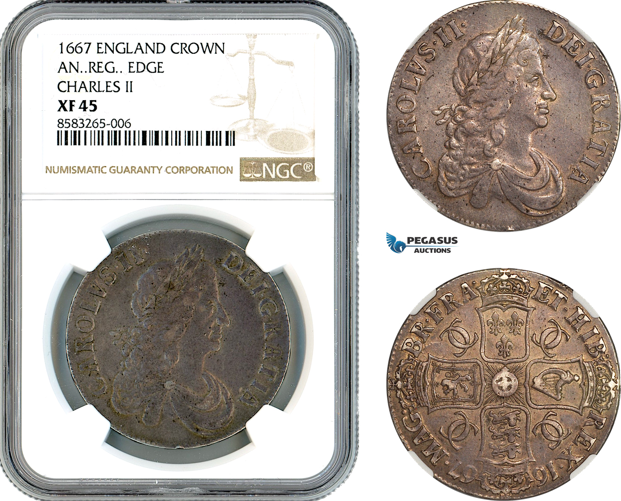 AL017, England, Charles II, Crown 1667, London Mint, Silver, AN..REG.. Edge, NGC XF45, Top Pop!