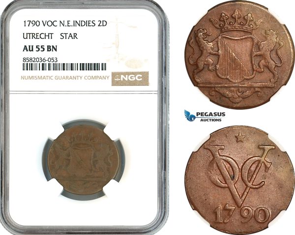 AL170, Netherlands East Indies, VOC, 2 Duit 1790, Utrecht Arms, Star, NGC AU55BN