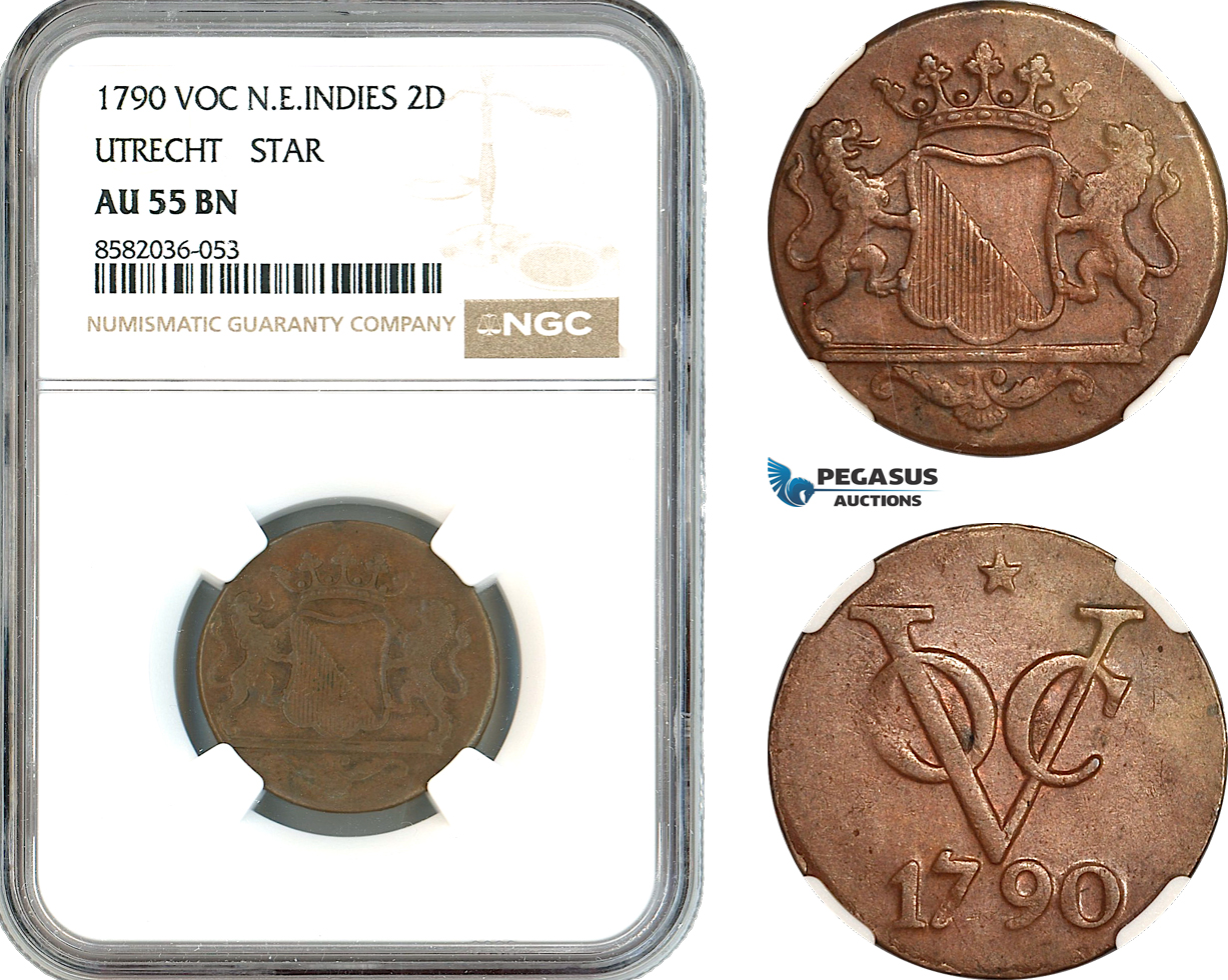 AL170, Netherlands East Indies, VOC, 2 Duit 1790, Utrecht Arms, Star, NGC AU55BN
