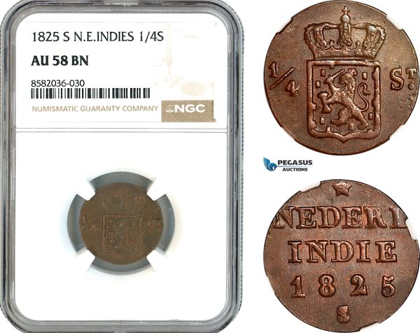 AL171, Netherlands East Indies, Willem I, 1/4 Stuiver 1825 S, Utrecht Mint, NGC AU58BN, Top Pop & Single finest graded!
