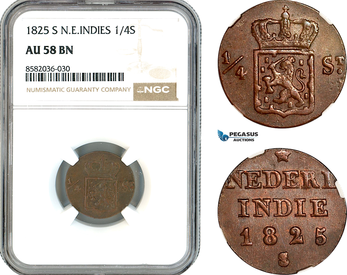 AL171, Netherlands East Indies, Willem I, 1/4 Stuiver 1825 S, Utrecht Mint, NGC AU58BN, Top Pop & Single finest graded!