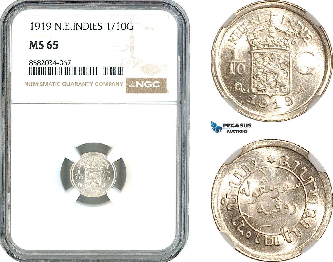 AL173, Netherlands East Indies, Wilhelmina, 1/10 Gulden 1919, Utrecht Mint, Silver, NGC MS65