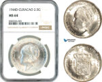 AL174, Netherlands Antilles, Curacao, Wilhelmina, 2 1/2 Gulden 1944 D, Denver Mint, Silver, NGC MS64