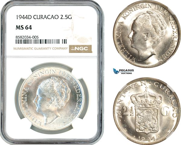 AL174, Netherlands Antilles, Curacao, Wilhelmina, 2 1/2 Gulden 1944 D, Denver Mint, Silver, NGC MS64