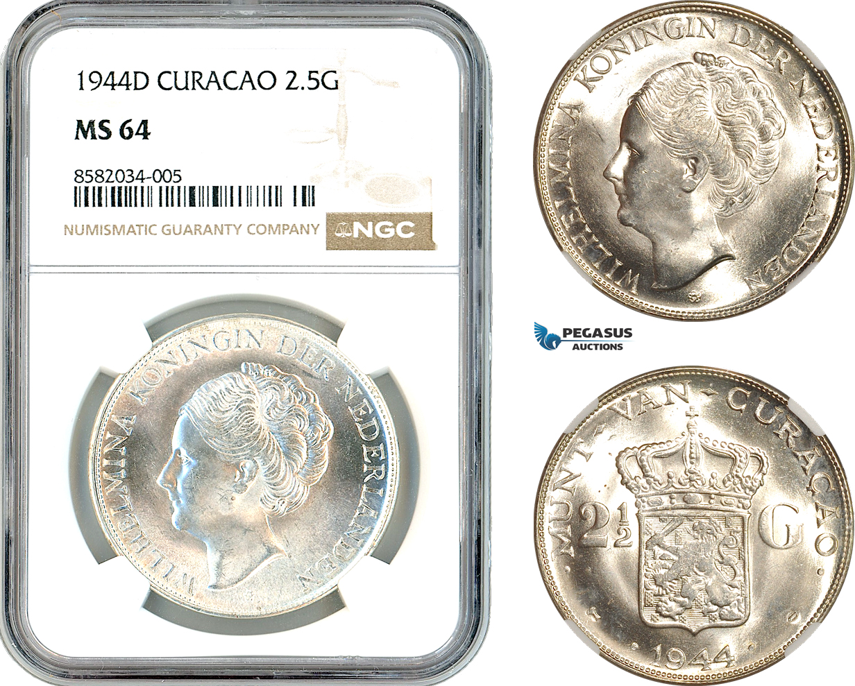AL174, Netherlands Antilles, Curacao, Wilhelmina, 2 1/2 Gulden 1944 D, Denver Mint, Silver, NGC MS64