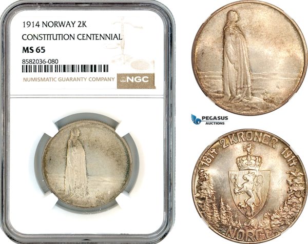 AL175, Norway, Haakon VII, 2 Kroner 1914 "Constitution Centennial" Kongsberg Mint, Silver, NGC MS65