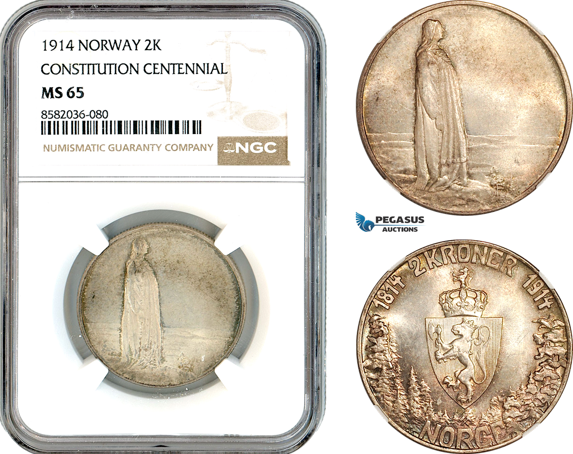 AL175, Norway, Haakon VII, 2 Kroner 1914 "Constitution Centennial" Kongsberg Mint, Silver, NGC MS65