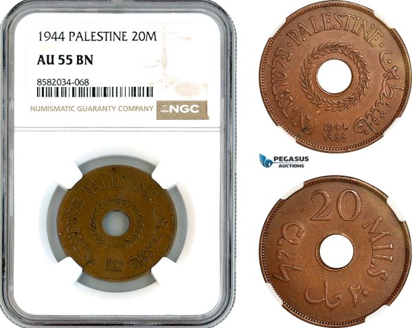 AL176, Palestine, 20 Mils 1944, London Mint, NGC AU55BN