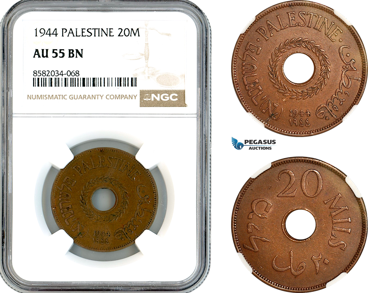 AL176, Palestine, 20 Mils 1944, London Mint, NGC AU55BN