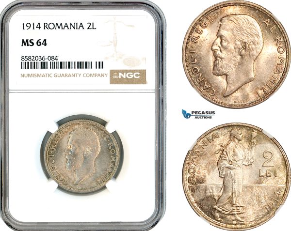 AL179, Romania, Carol I, 2 Lei 1914, Silver, NGC MS64