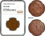 AL185, Straits Settlements, Victoria, 1 Cent 1890, London Mint, NGC AU55BN