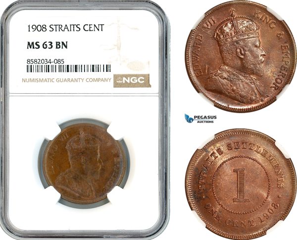 AL186, Straits Settlements, Edward VII, 1 Cent 1908, Calcutta Mint, NGC MS63BN