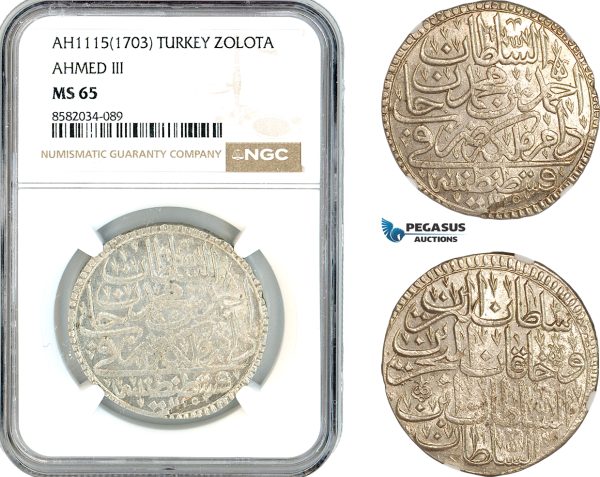 AL187, Turkey, Ottoman Empire, Ahmed III, 1 Zolota AH1115 (1703) Islambul Mint, Silver, NGC MS65