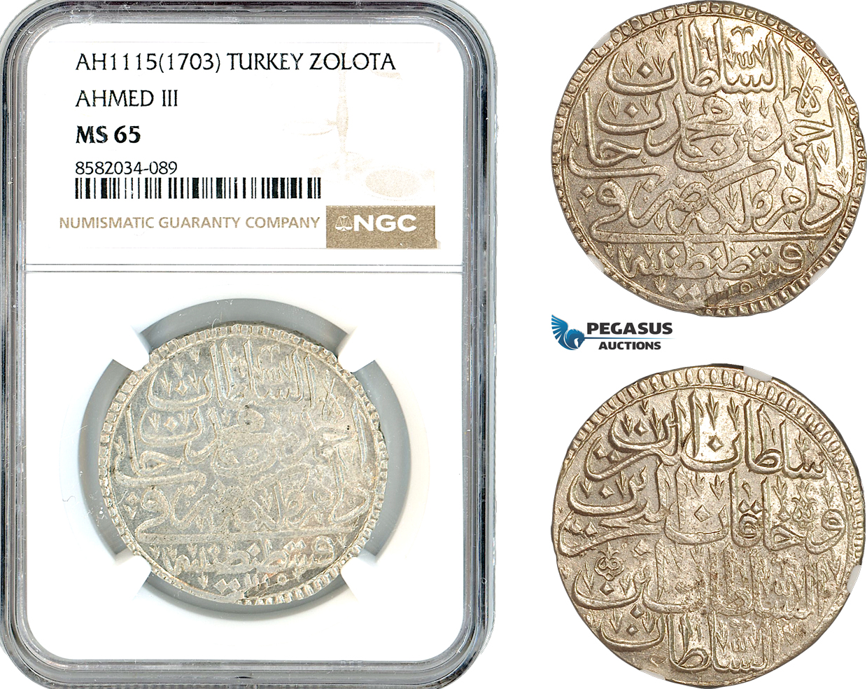AL187, Turkey, Ottoman Empire, Ahmed III, 1 Zolota AH1115 (1703) Islambul Mint, Silver, NGC MS65