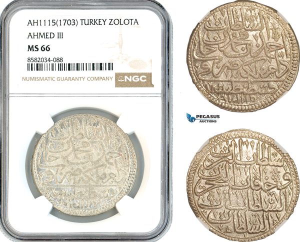 AL188, Turkey, Ottoman Empire, Ahmed III, 1 Zolota AH1115 (1703) Islambul Mint, Silver, NGC MS66, Top Pop & Single finest graded!