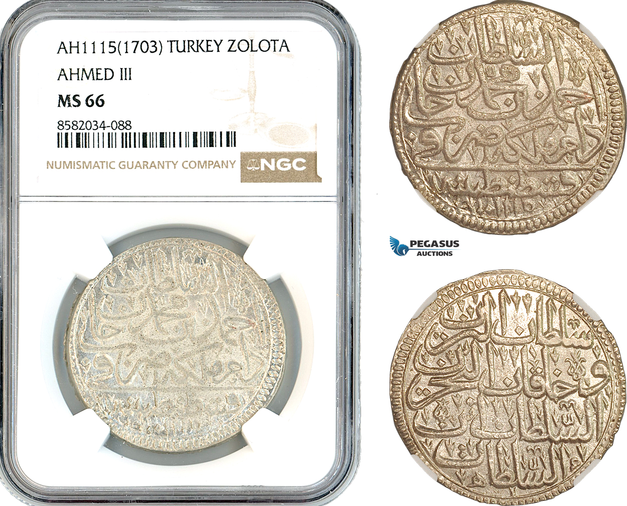 AL188, Turkey, Ottoman Empire, Ahmed III, 1 Zolota AH1115 (1703) Islambul Mint, Silver, NGC MS66, Top Pop & Single finest graded!