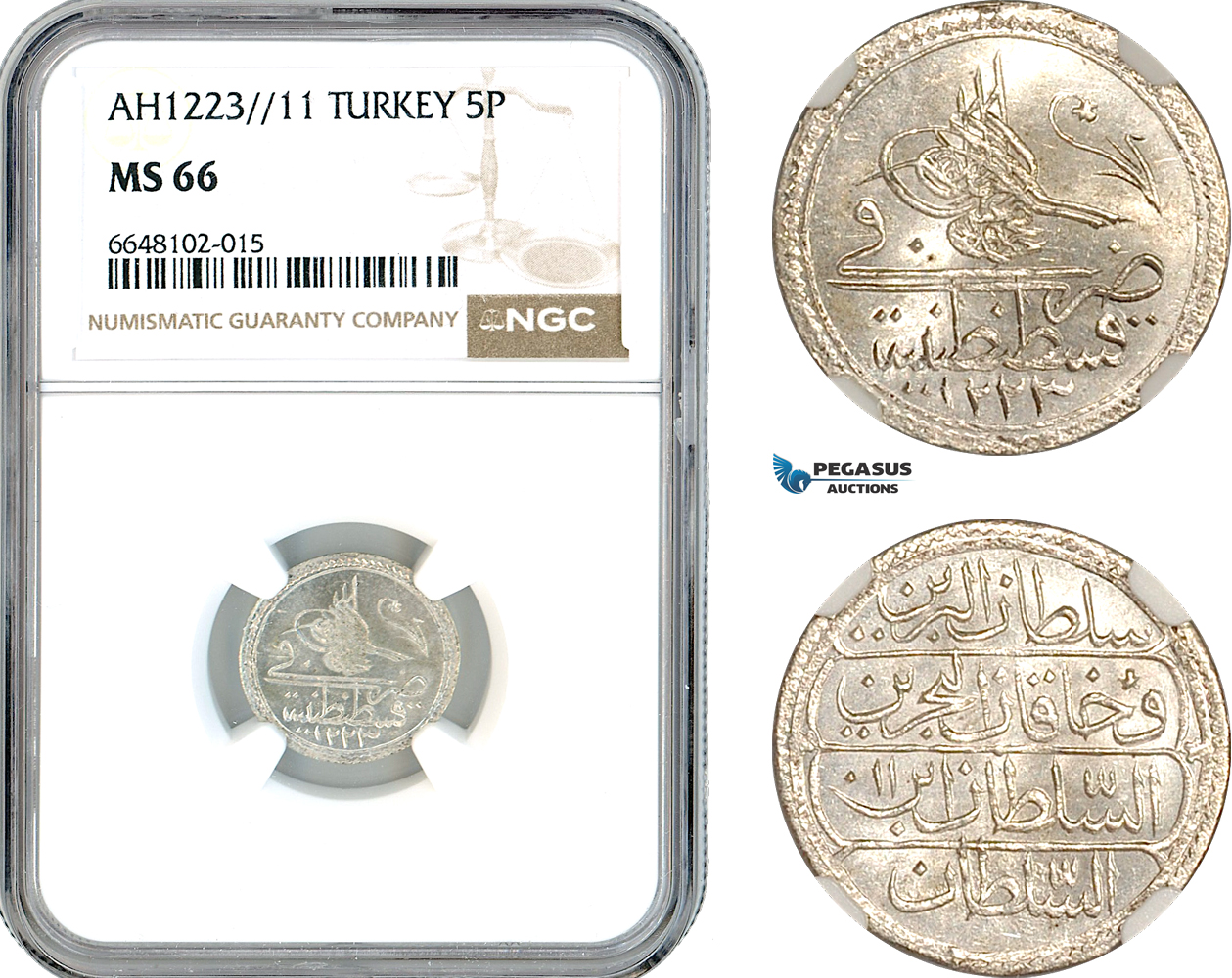 AL189, Turkey, Ottoman Empire, Mahmud II, 5 Para AH1223//11, Kostantiniye Mint, Silver, NGC MS66, Top Pop & Single finest graded!