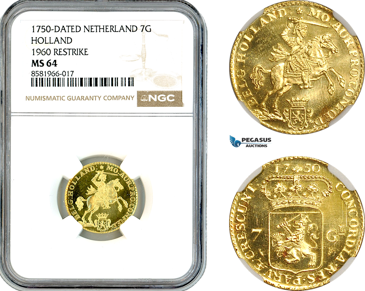 AL019, Netherlands, Holland, 7 Gulden 1750 (1960 Restrike) Gold, NGC MS64