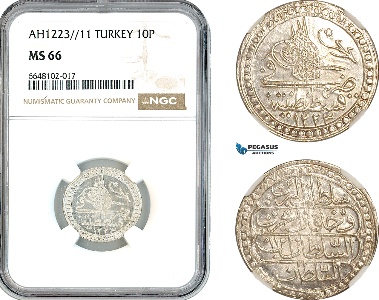 AL190, Turkey, Ottoman Empire, Mahmud II, 10 Para AH1223//11, Kostantiniye Mint, Silver, NGC MS66, Top Pop & Single finest graded!