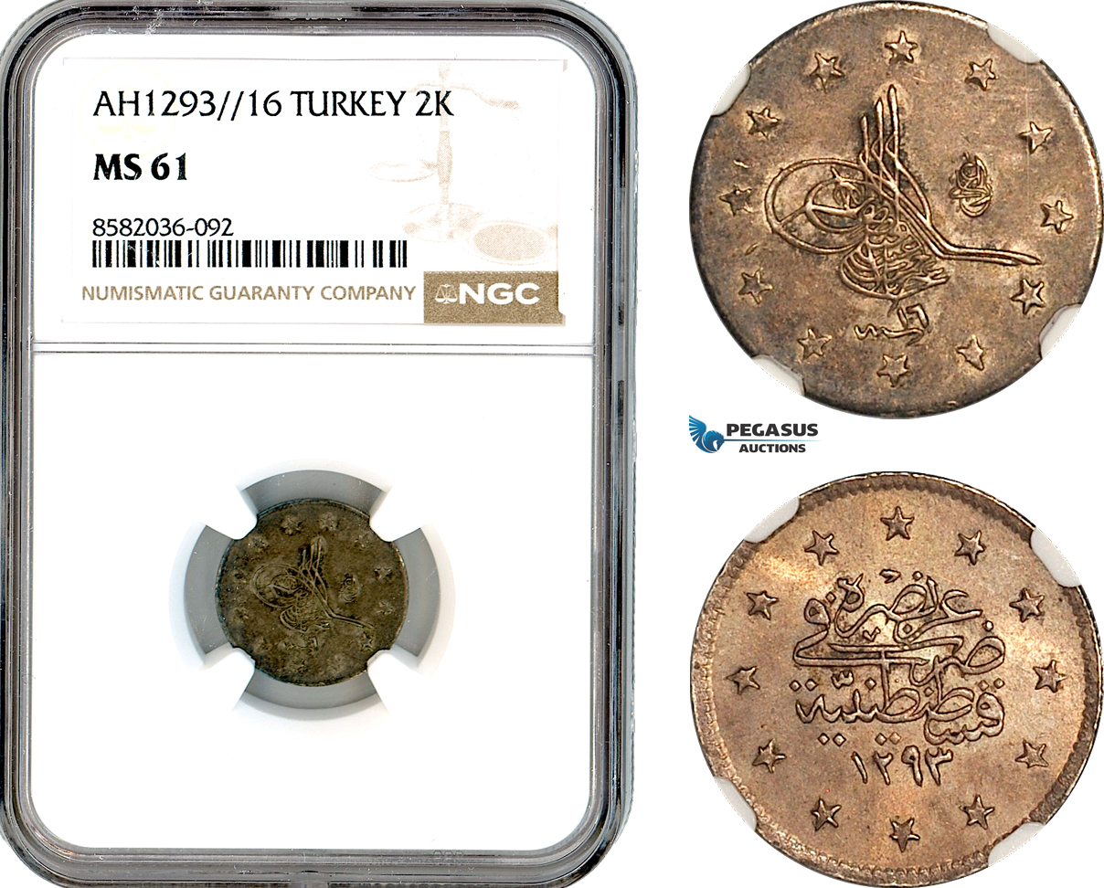 AL193, Turkey, Ottoman Empire, Abdülhamid II, 2 Kurush AH1293//16, Silver, NGC MS61