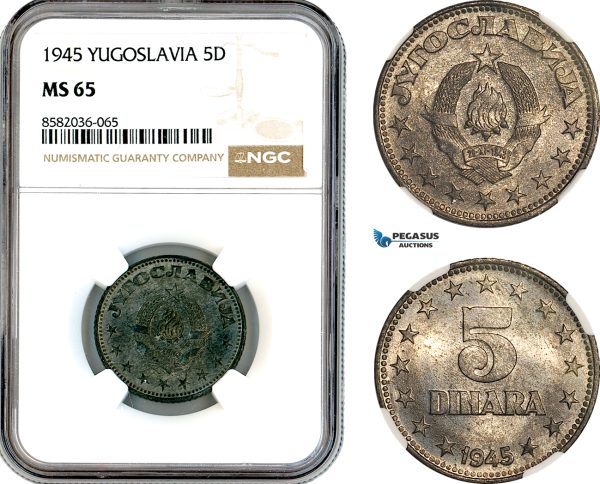 AL194, Yugoslavia, 5 Dinara 1945, Belgrade Mint, NGC MS65