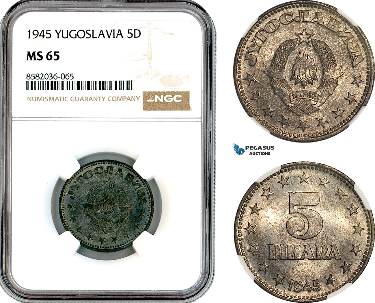 AL194, Yugoslavia, 5 Dinara 1945, Belgrade Mint, NGC MS65