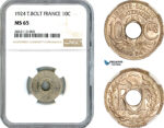 AL199, France, Third Republic, 10 Centimes 1924 (Thunderbold) Poissy Mint, NGC MS65