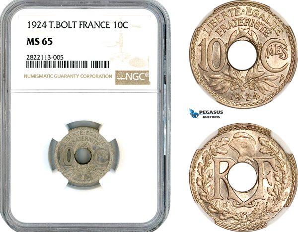 AL199, France, Third Republic, 10 Centimes 1924 (Thunderbold) Poissy Mint, NGC MS65