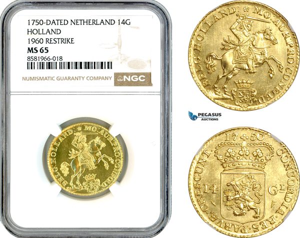 AL020, Netherlands, Holland, 14 Gulden 1750 (1960 Restrike) Gold, NGC MS65