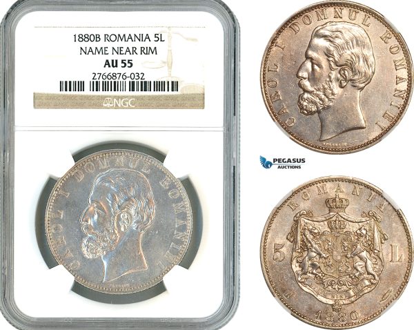 AL206, Romania, Carol I, 5 Lei 1880 B, Bucharest Mint, Name Near Rim, Silver, NGC AU55
