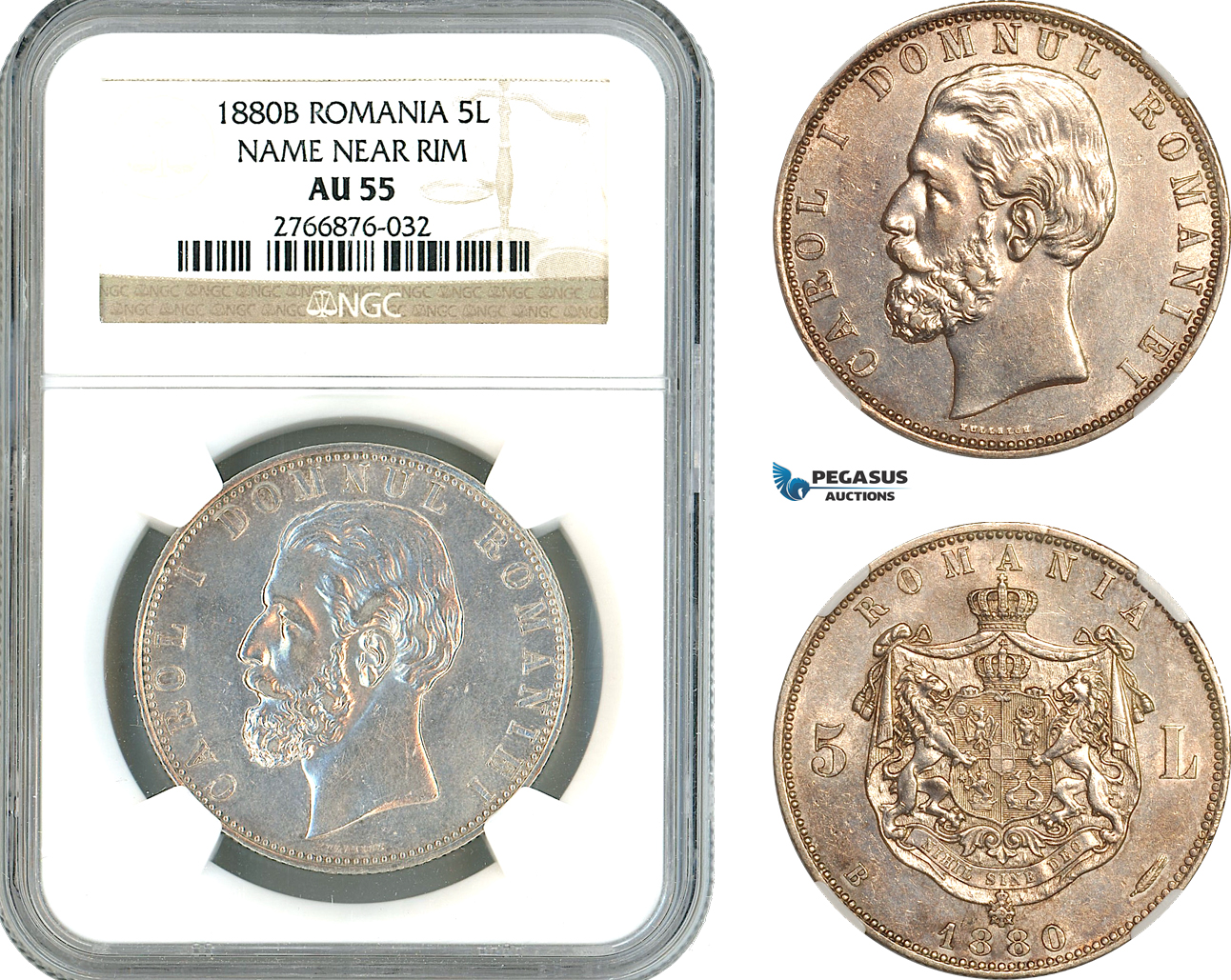 AL206, Romania, Carol I, 5 Lei 1880 B, Bucharest Mint, Name Near Rim, Silver, NGC AU55