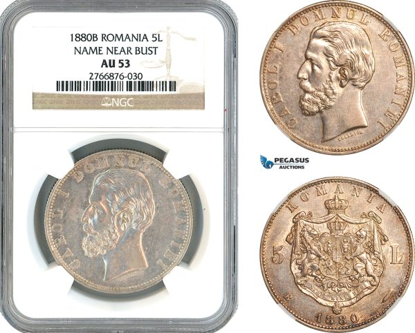 AL207, Romania, Carol I, 5 Lei 1880 B, Bucharest Mint, Name Bear Bust, Silver, NGC AU53