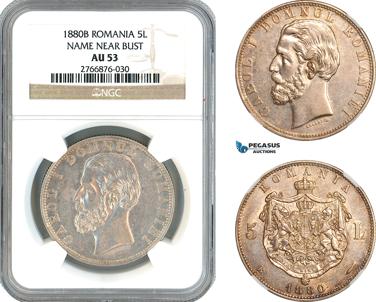 AL207, Romania, Carol I, 5 Lei 1880 B, Bucharest Mint, Name Bear Bust, Silver, NGC AU53