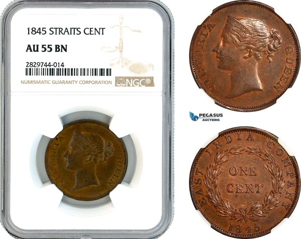 AL211, Straits Settlements, Victoria, 1 Cent 1845, Calcutta Mint, NGC AU55BN