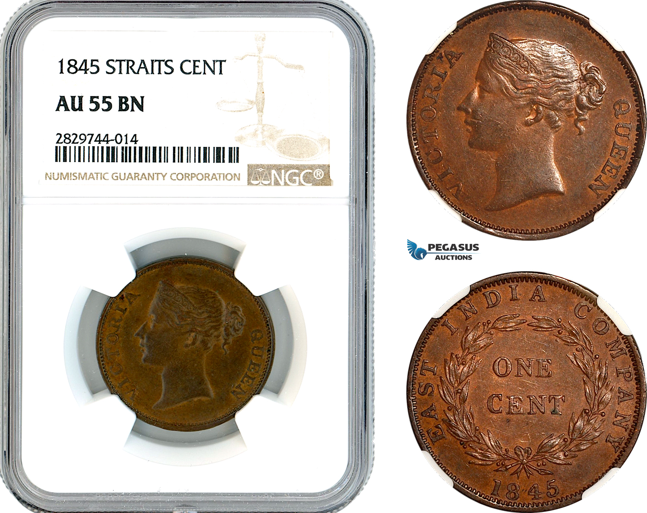 AL211, Straits Settlements, Victoria, 1 Cent 1845, Calcutta Mint, NGC AU55BN