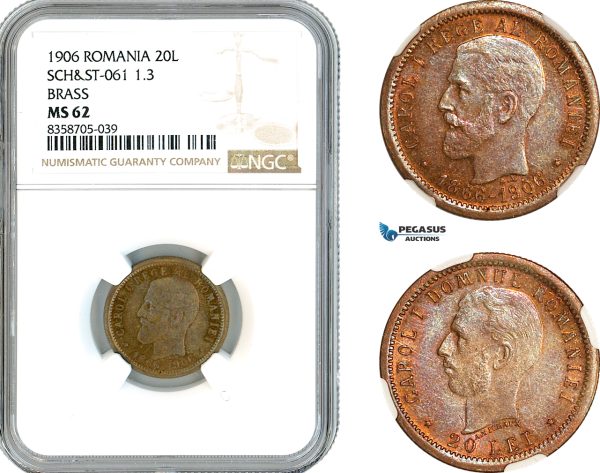 AL213, Romania, Carol I, Pattern 20 Lei 1906 (40th Anniversary), Brussels Mint, Brass, Schäffer/Stambuliu 061-1.3, NGC MS62