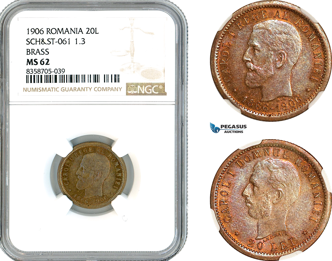 AL213, Romania, Carol I, Pattern 20 Lei 1906 (40th Anniversary), Brussels Mint, Brass, Schäffer/Stambuliu 061-1.3, NGC MS62