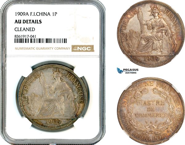 AL215, French Indo-China, 1 Piastre 1909 A, Paris Mint, Silver, NGC AU Details