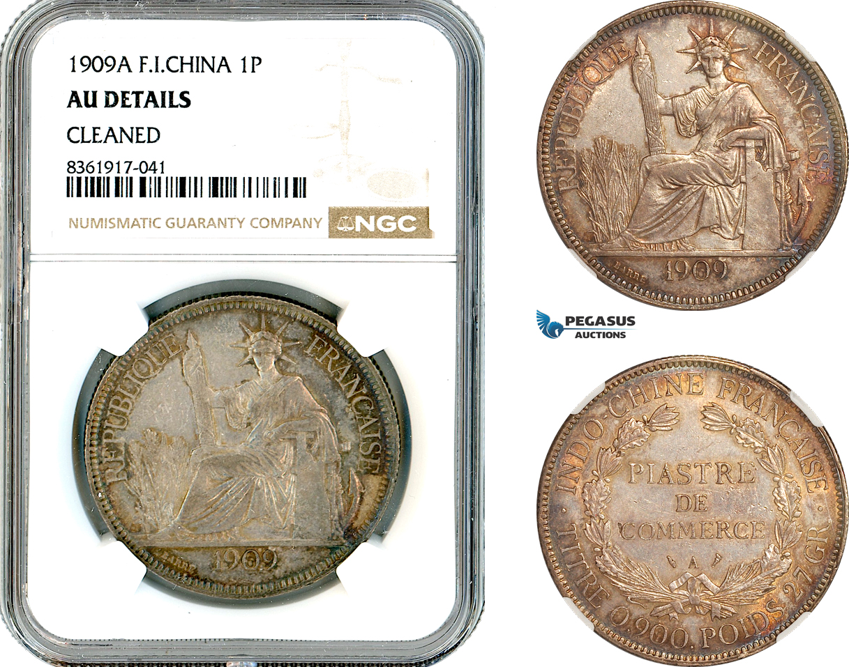 AL215, French Indo-China, 1 Piastre 1909 A, Paris Mint, Silver, NGC AU Details