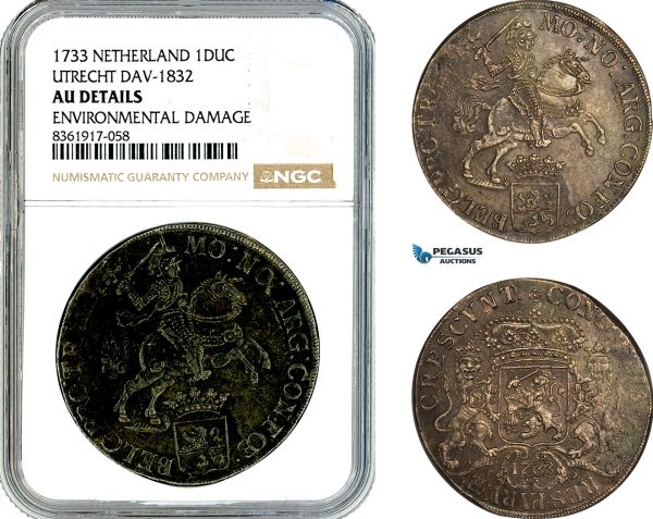 AL216, Netherlands, Overijssel, Ducaton 1733 "Silver Rider", Dav-1832, Silver, NGC AU Details