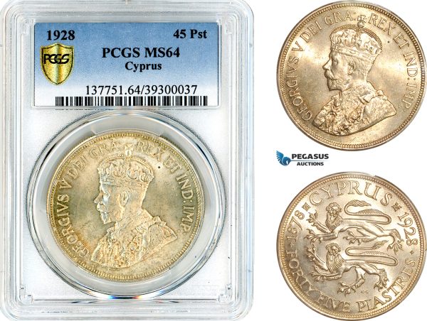 AL217, Cyprus, George V, 45 Piastres 1928, London Mint, Silver, PCGS MS64