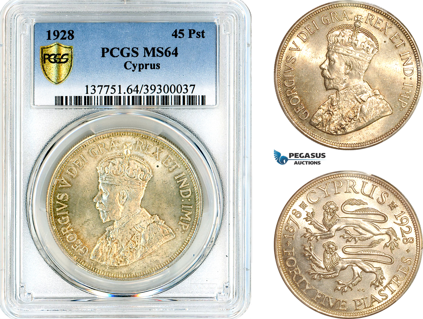AL217, Cyprus, George V, 45 Piastres 1928, London Mint, Silver, PCGS MS64