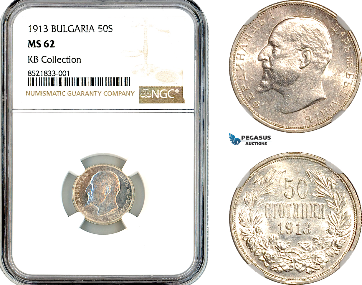 AL220, Bulgaria, Ferdinand I, 50 Stotinki 1913, Silver, KB Collection, NGC MS62