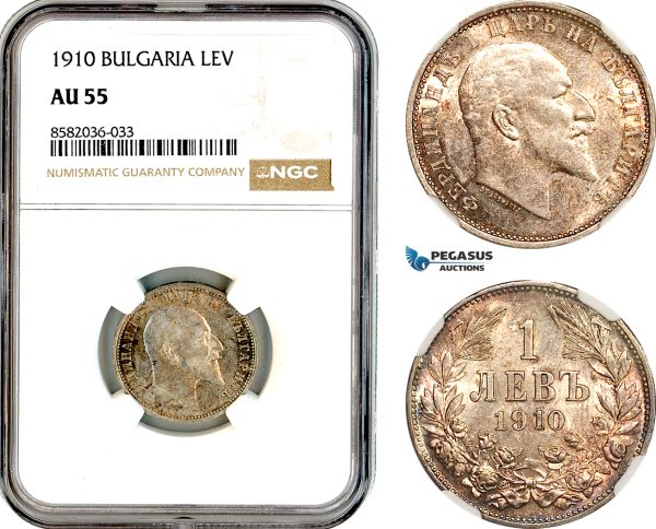 AL221, Bulgaria, Ferdinand I, 1 Lev 1910, Silver, NGC AU55