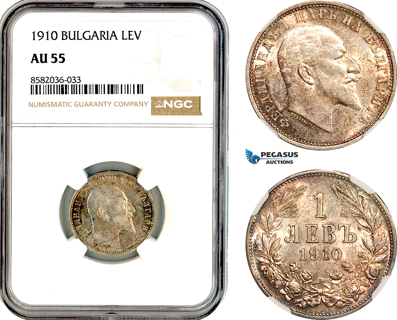 AL221, Bulgaria, Ferdinand I, 1 Lev 1910, Silver, NGC AU55