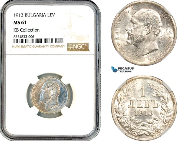 AL222, Bulgaria, Ferdinand I, 1 Lev 1913, Silver, NGC MS61