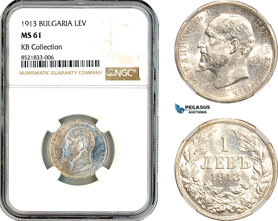 AL222, Bulgaria, Ferdinand I, 1 Lev 1913, Silver, NGC MS61